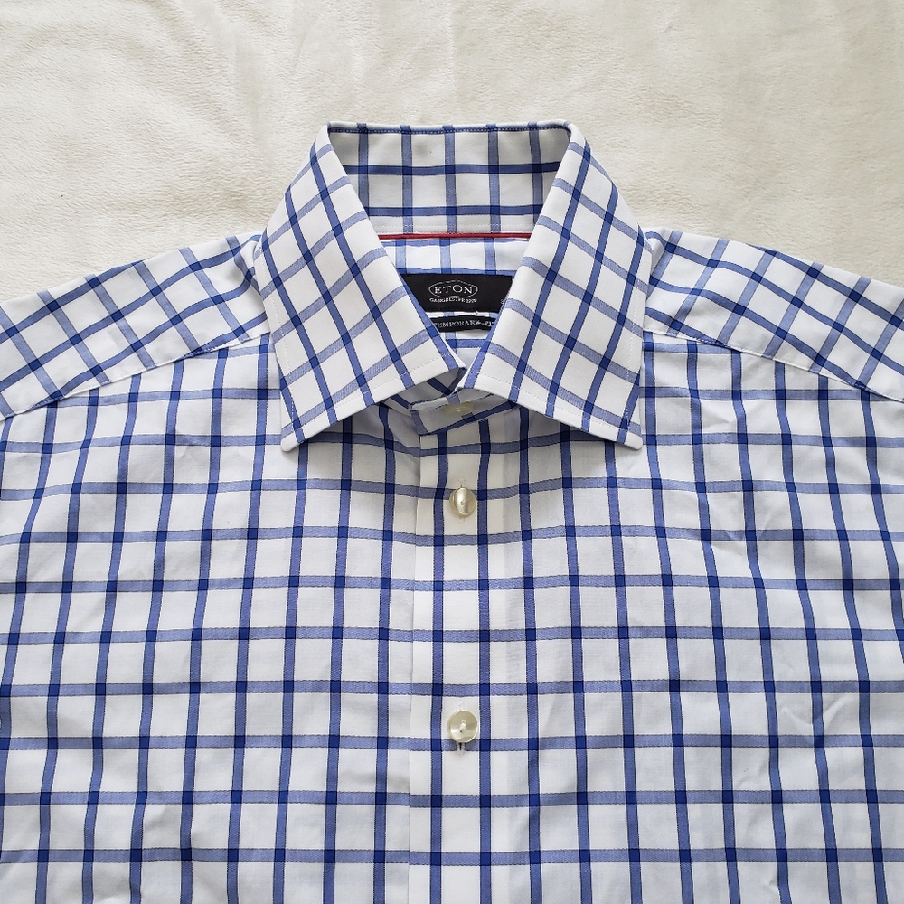Eton Contemporary Dress Shirt White Blue Windowpane Plaid Button Up 15.5 39 - Picture 3 of 10